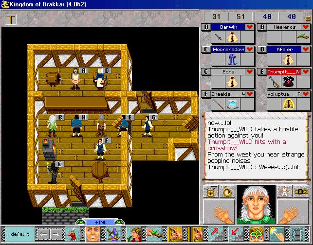 Having nothing better to do, I was hangin' out in the SF playing a baby ment, casting prots and yakking it up. Others present were also having fun as well. Thumpit_WILD and me were trading jokes and playing around when he got the idea to shoot me with the Turkey gun. I had 51 HP and it hit for 20. He apologized and hugged me (this does not make him grey to me) saying it was a joke. I knew it was in fun and I said it was OK, then I hugged him. This is exactly the kind of situation that can get blown up all out of proportion and become politics, name-calling, PK attacks, flaming in the forums. Don't let this happen to you! Spar or play tricks elsewhere than the SF. OK? 